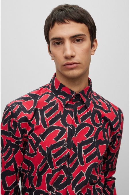 CAMISA SLIM FIT ESTAMPADA DE ALGODÓN CON ELÁSTICO HOMBRE