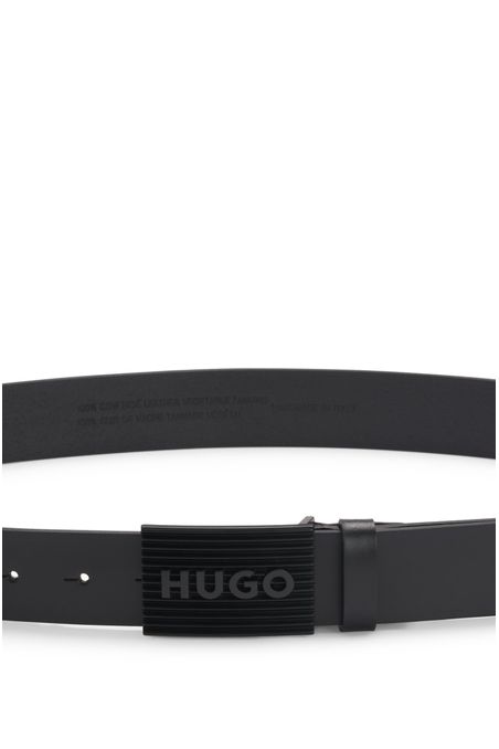 CINTURÓN DE PIEL ITALIANA CON HEBILLA CON PLACA Y LOGO EN NEGRO MATE CINTURÓN CASUAL HOMBRE