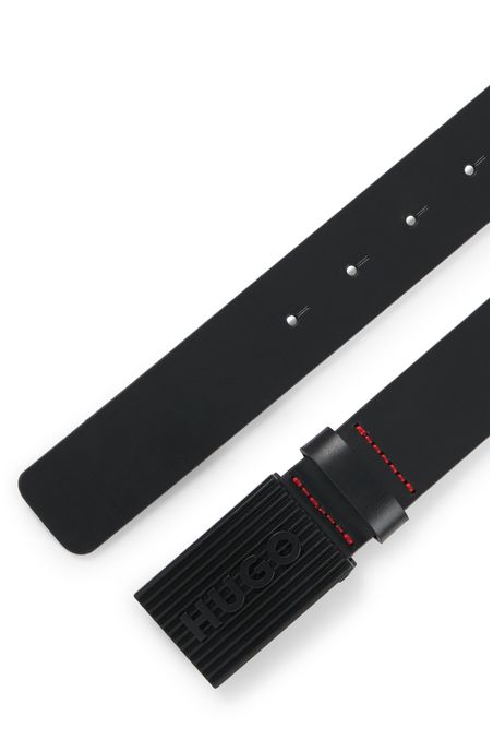 CINTURÓN DE PIEL ITALIANA CON HEBILLA CON PLACA Y LOGO EN NEGRO MATE CINTURÓN CASUAL HOMBRE