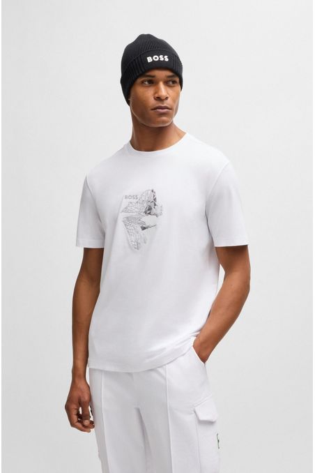 CAMISETA DE ALGODÓN ELÁSTICO CON ILUSTRACIÓN ESTAMPADA Y BORDADA PLAYERA REGULAR FIT HOMBRE