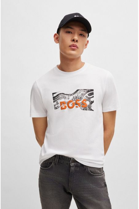 CAMISETA REGULAR FIT DE PUNTO DE ALGODÓN CON LOGO DE DISEÑO PLAYERA REGULAR FIT HOMBRE