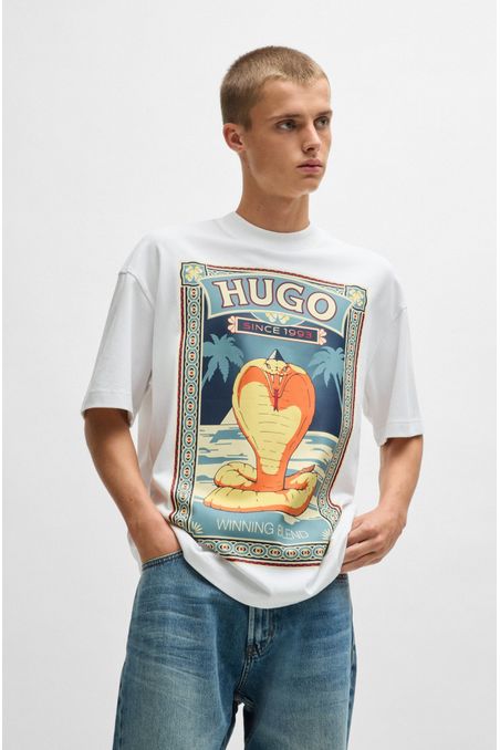 POLERA DE PUNTO DE ALGODÓN CON ESTAMPADO GRÁFICO PLAYERA OVERSIZE FIT HOMBRE