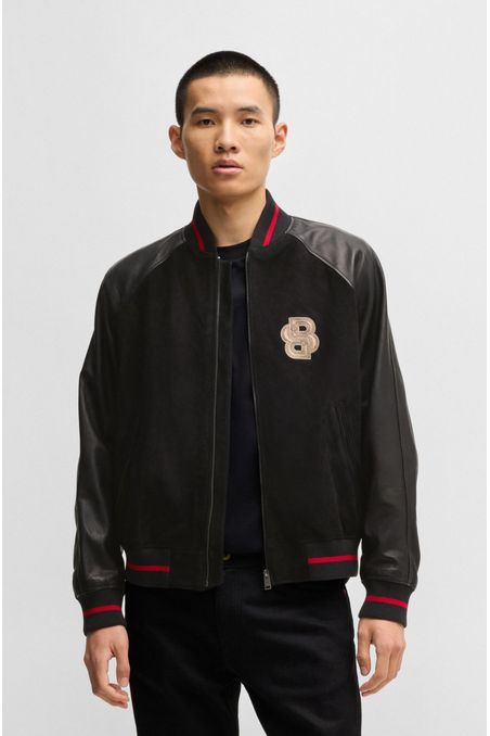 CAZADORA UNIVERSITARIA CON BORDADO BOSS X CREATION OF THE GODS PIEL REGULAR FIT HOMBRE