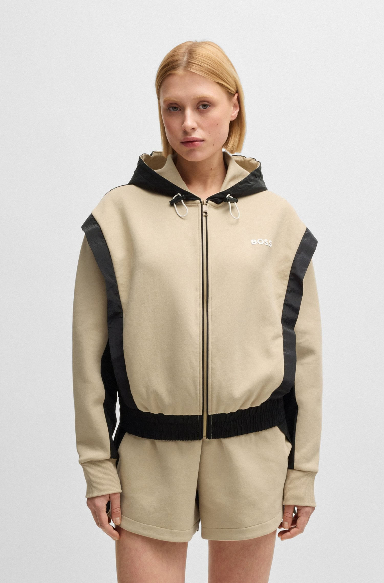 POLERON DE ALGODÓN CON CAPUCHA, CIERRE DE CREMALLERA Y BLOQUES DE COLOR SUDADERA LOOSE FIT MUJER